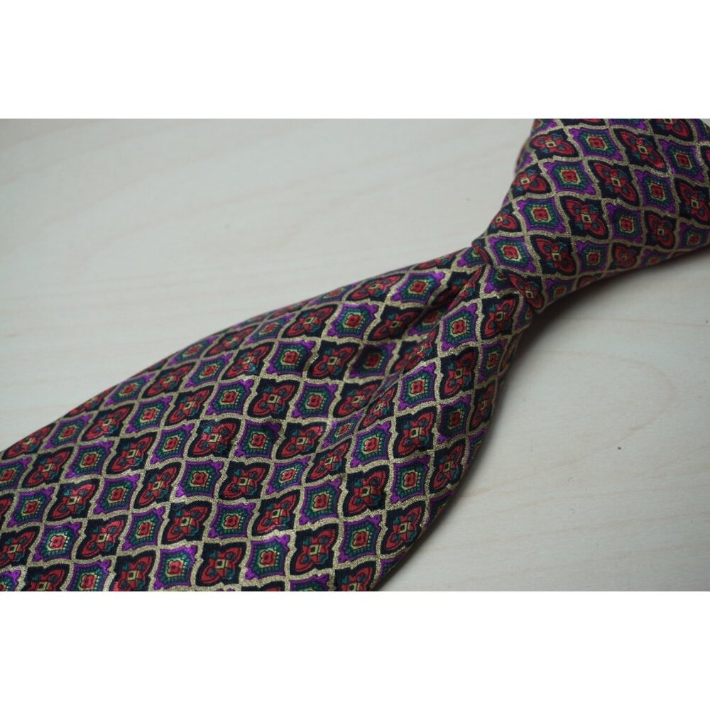 Brioni Blue Red Geometric Floral 100% Silk Hand Made in Italy Tie